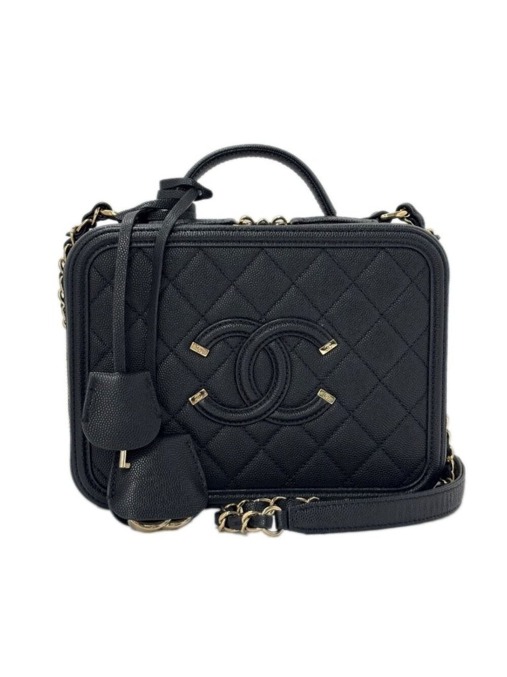 Chanel Bag CC Filigree Vanity Case 2-Way Chain Shoulder Black Champagne Gold